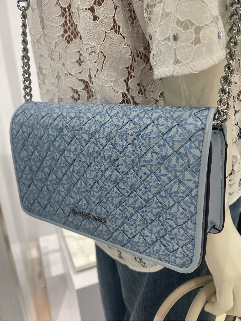 Michael Kors Jet Set Travel Woven Signature Logo Crossbody Bag
Pale Ocean 
NWT